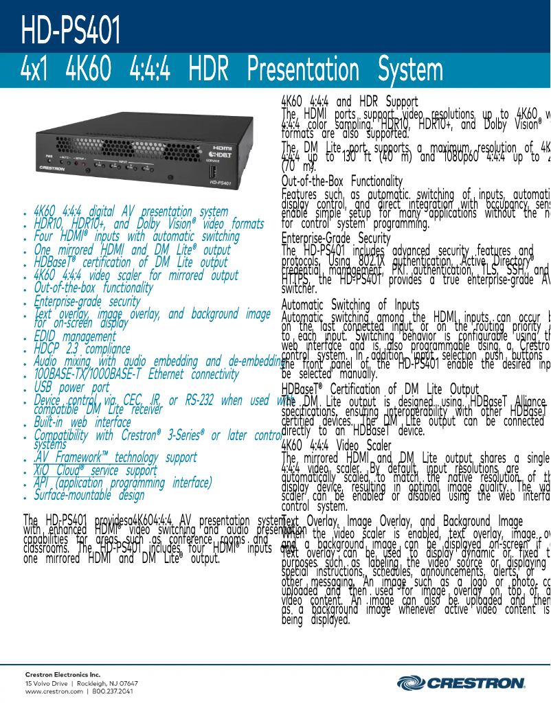 Page 1 de la notice Fiche technique Crestron HD-PS401