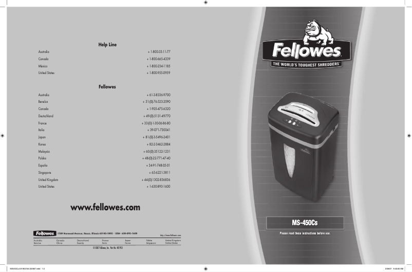 Page 1 of the manual User Manual Fellowes Powershred MS-450Cs Micro-Cut