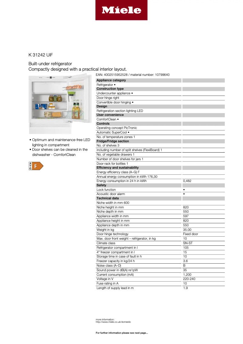 Page 1 of the manual Technical Sheet Miele K 31242 UIF
