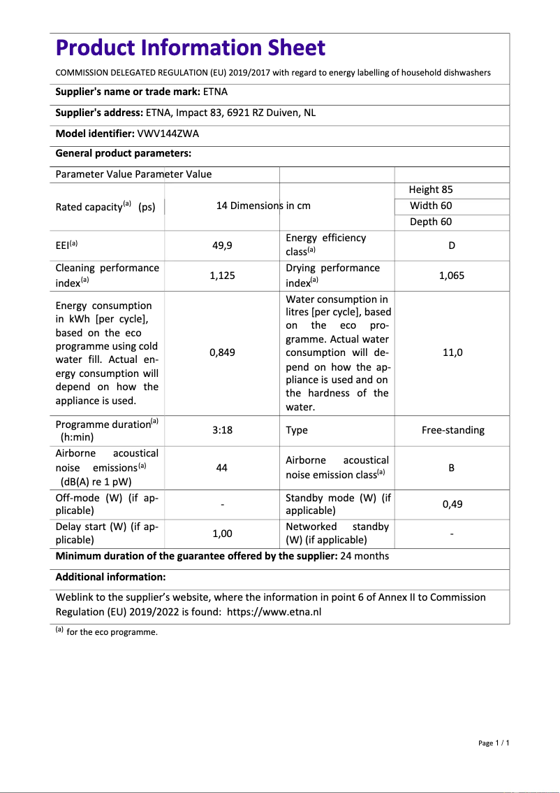 First page image of the manual for VWV144ZWA