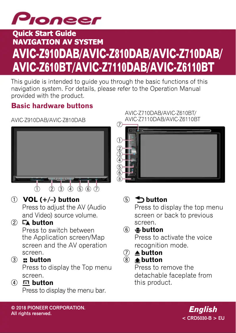 Page 1 of the manual Quick Start Guide Pioneer AVIC-Z910DAB