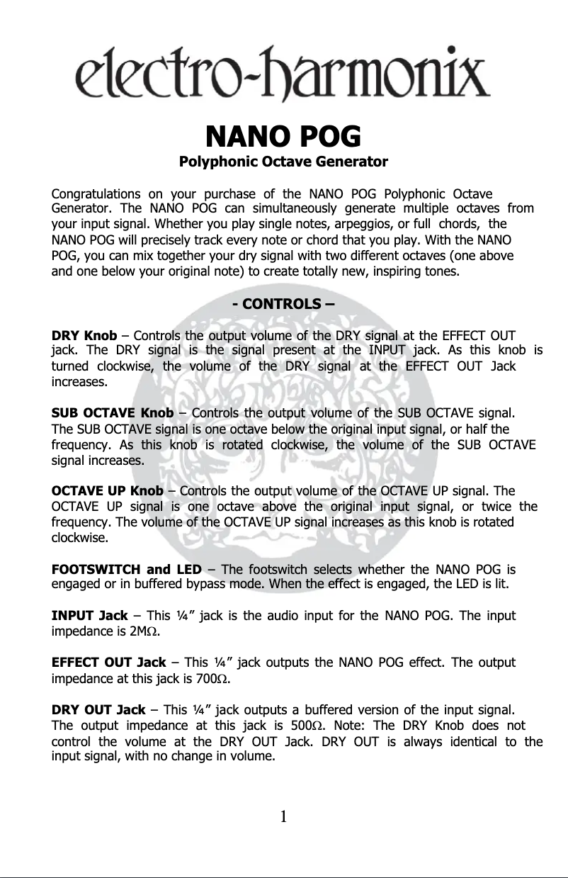 First page image of the manual for Nano POG