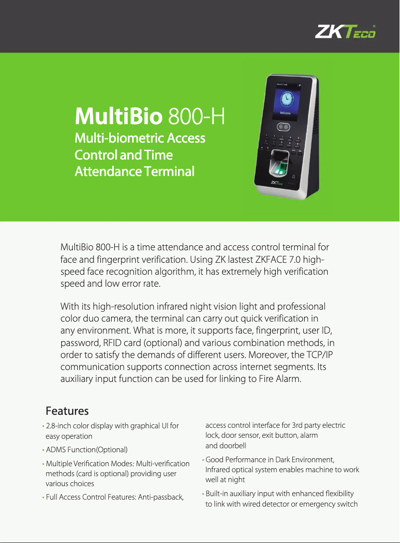 Page 1 of the manual User Manual ZKTeco Multibio 800-H