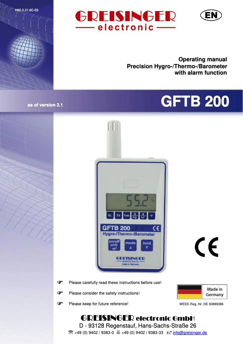 First page image of the manual for GFTB 200