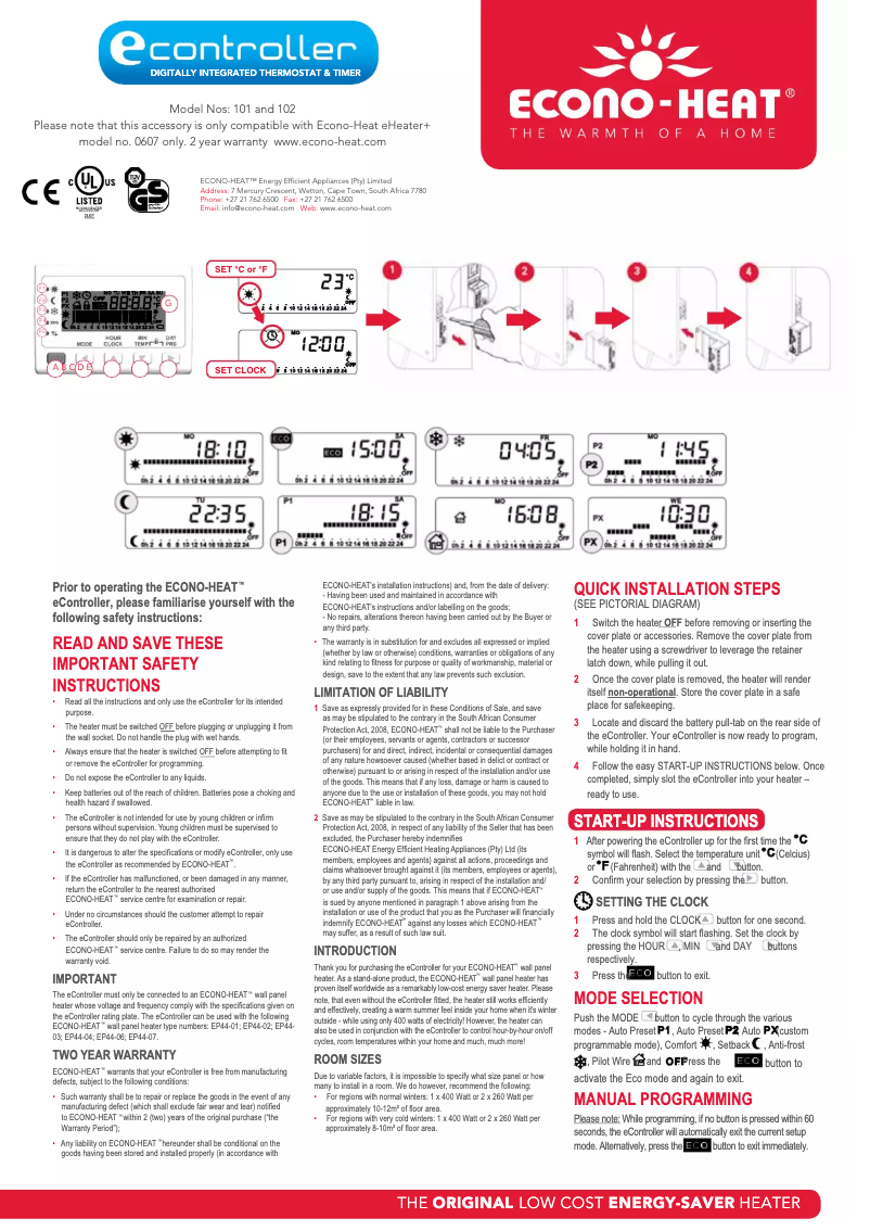 First page image of the manual for EController 102