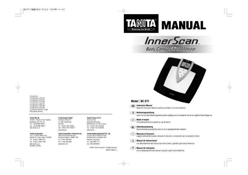 Page 1 of the manual User Manual Tanita BC-571