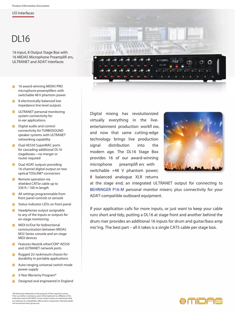 Page 1 of the manual Technical Sheet Midas DL16