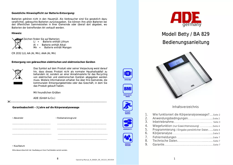Page 1 of the manual User Manual ADE Betty BA 829