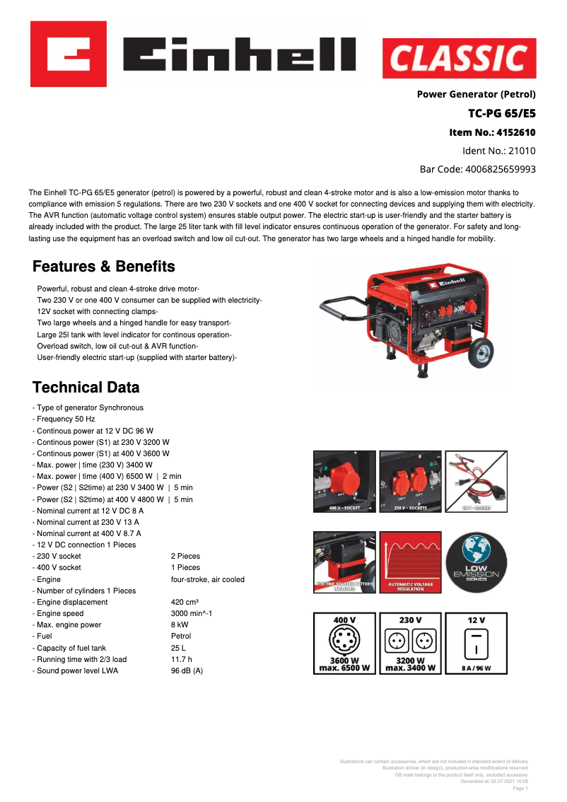 Page 1 of the manual Technical Sheet Einhell TC-PG 65/E5