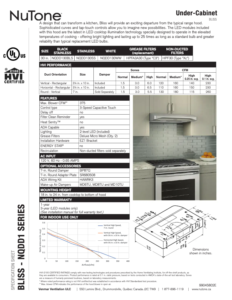 Page 1 of the manual Technical Sheet NuTone NQDD130WW