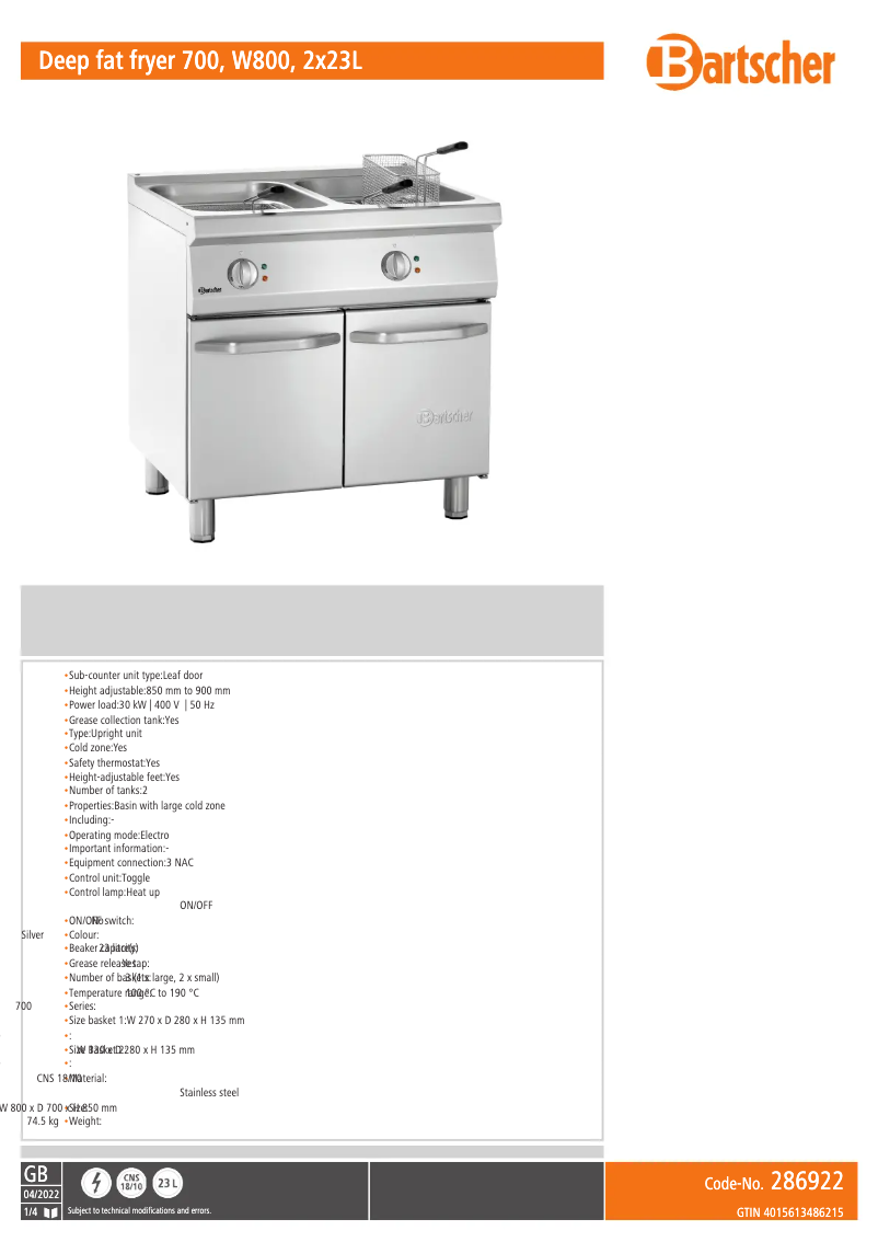 Page 1 of the manual Technical Sheet Bartscher 286922