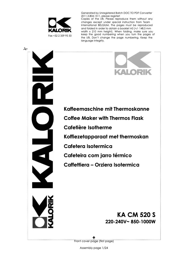 First page image of the manual for KA CM 520 S