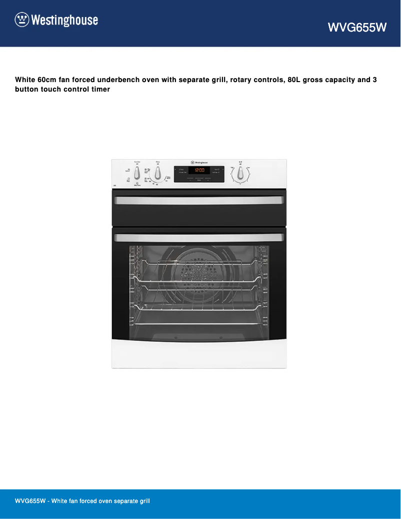 Page 1 of the manual Technical Sheet Westinghouse WVG655W