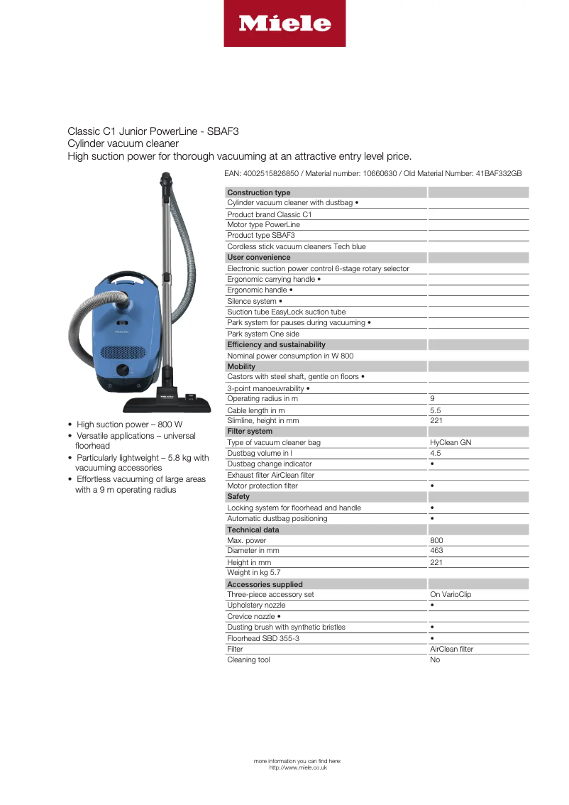 Page 1 of the manual Technical Sheet Miele Classic C1 Junior PowerLine