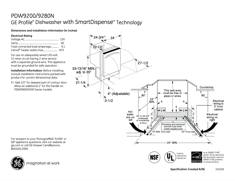 Page 1 of the manual Technical Sheet GE Profile PDW9200NWW