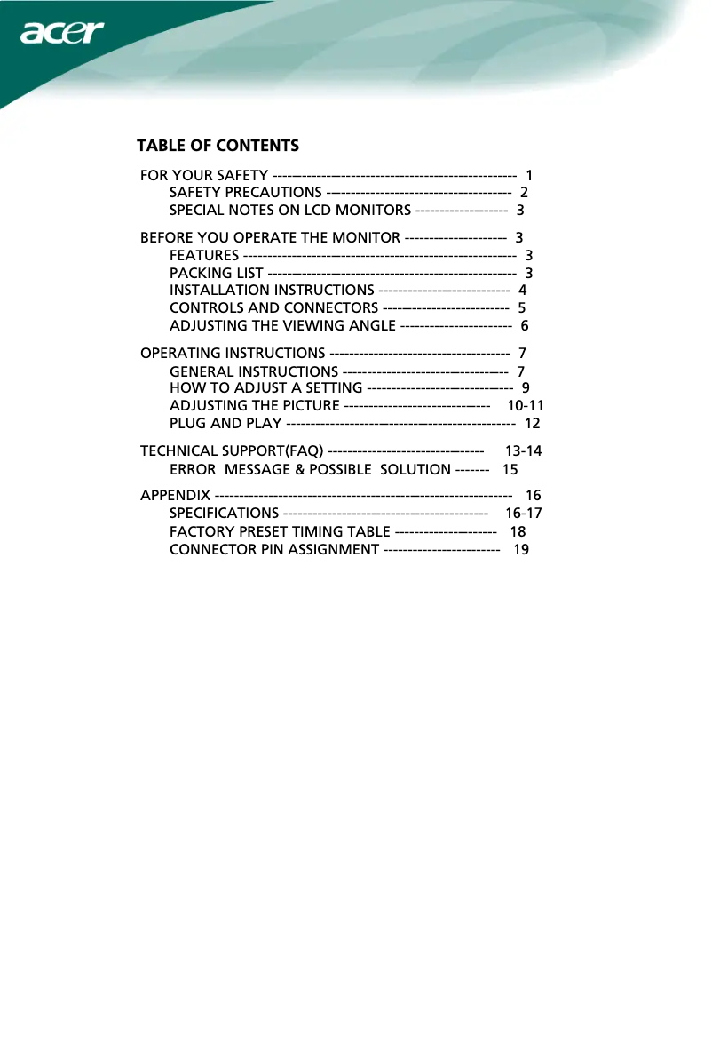 Page 1 of the manual User Manual Acer AL2251W