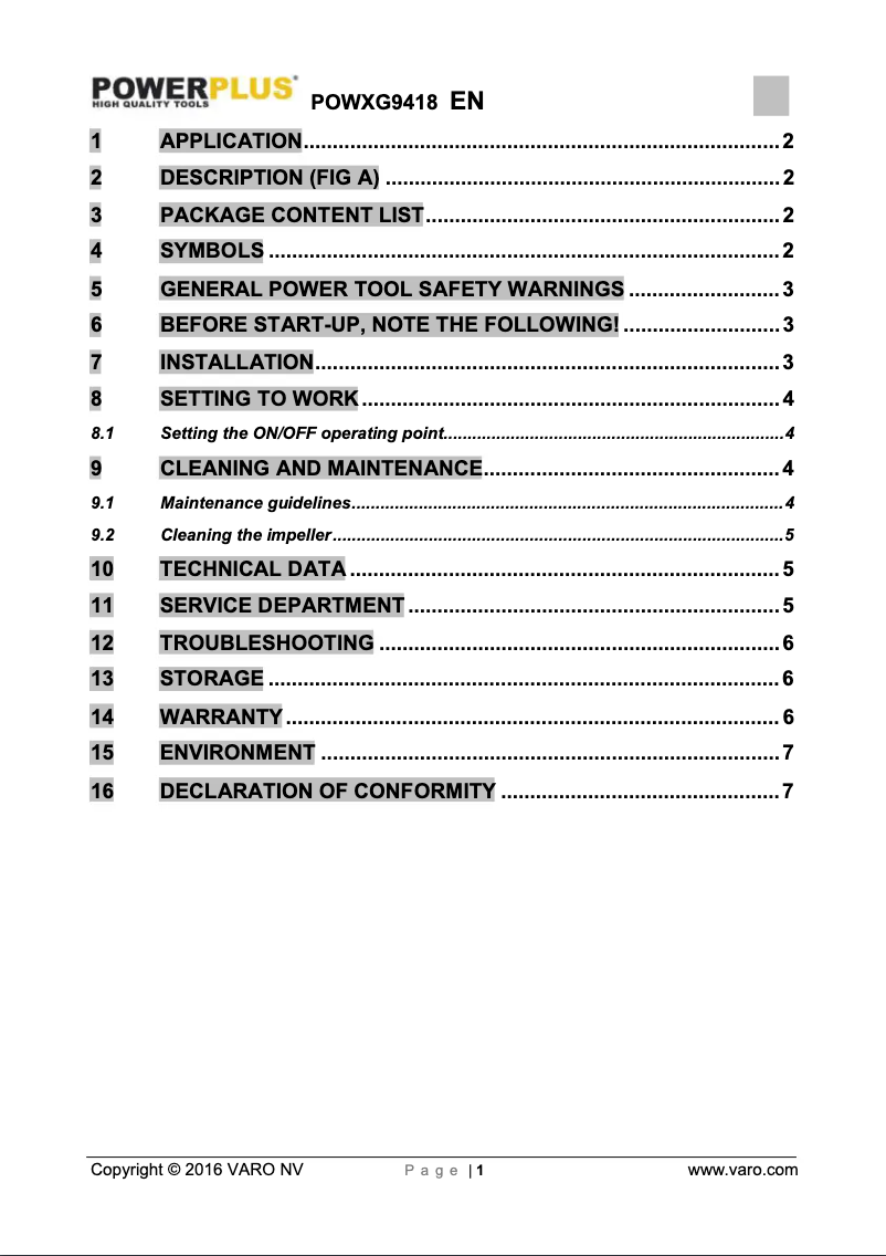 Page 1 of the manual User Manual PowerPlus POWXG9418