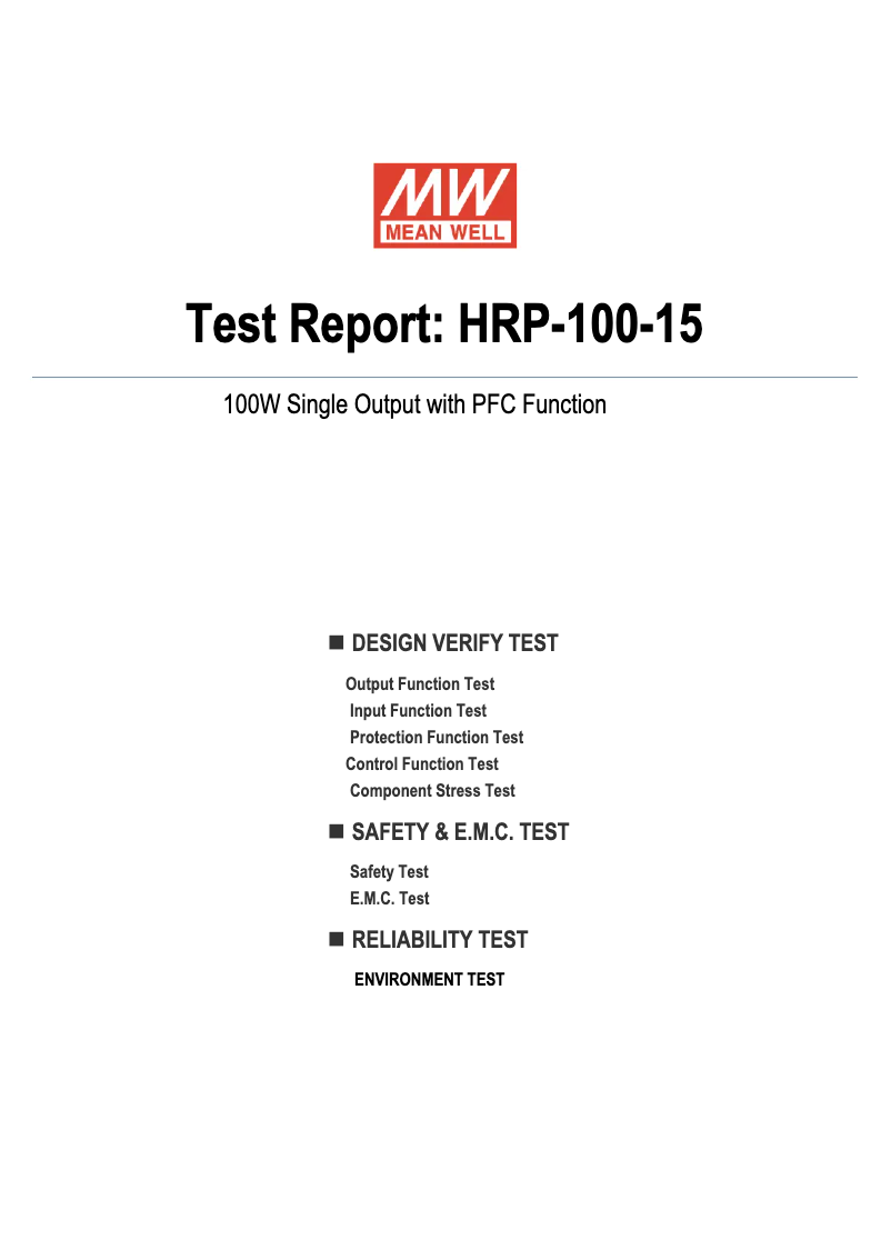 Page 1 of the manual Technical Sheet Mean Well HRP-100-15