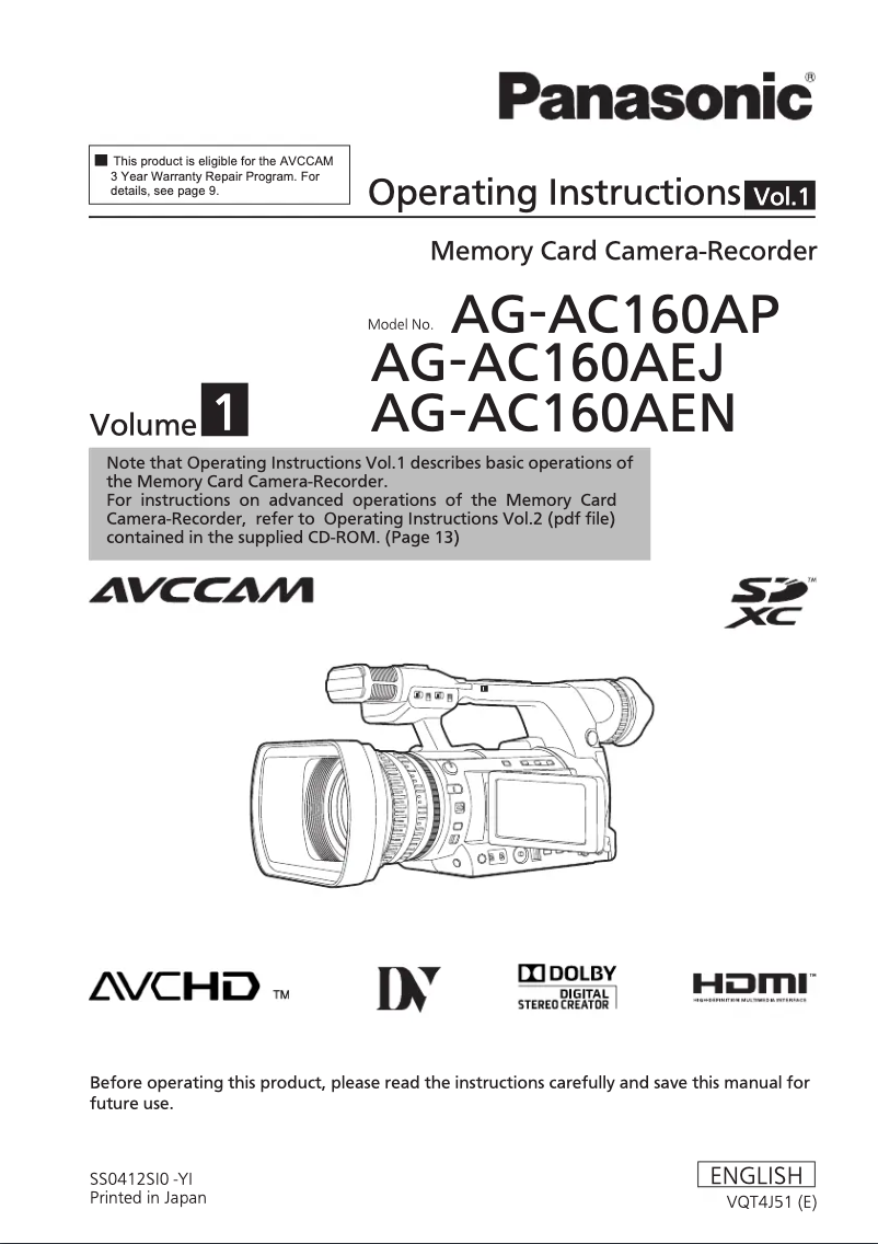 Page 1 of the manual User Manual Panasonic AG-AC160A