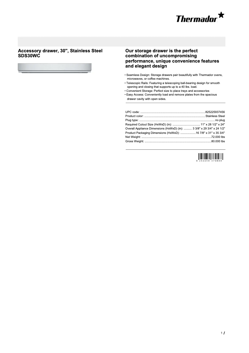 Page 1 of the manual Technical Sheet Thermador SDS30WC