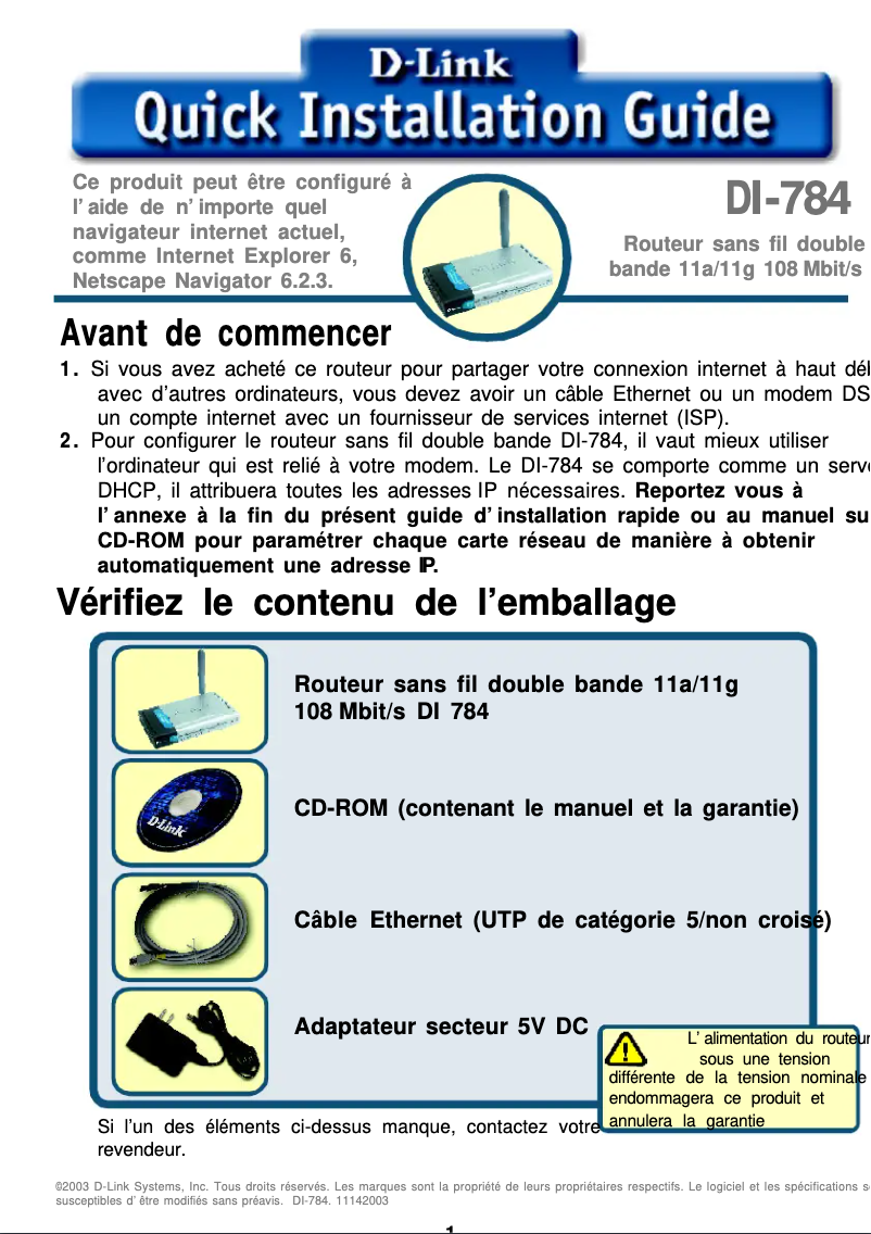 Page 1 of the manual Quick Start Guide D-Link Air Premier AG DI-784