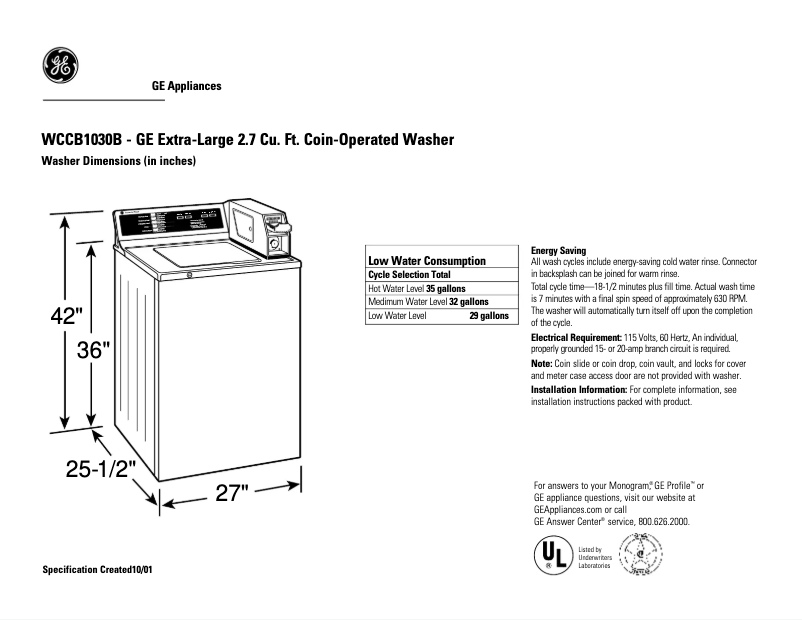 Page 1 of the manual Technical Sheet GE WCCB1030BWC