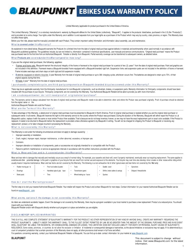 Page 1 de la notice Informations de garantie Blaupunkt FIETE 500
