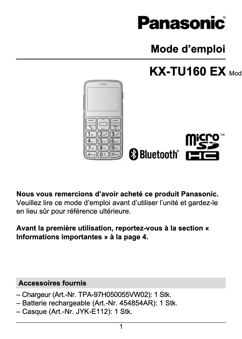 Page 1 of the manual User Manual Panasonic KX-TU160