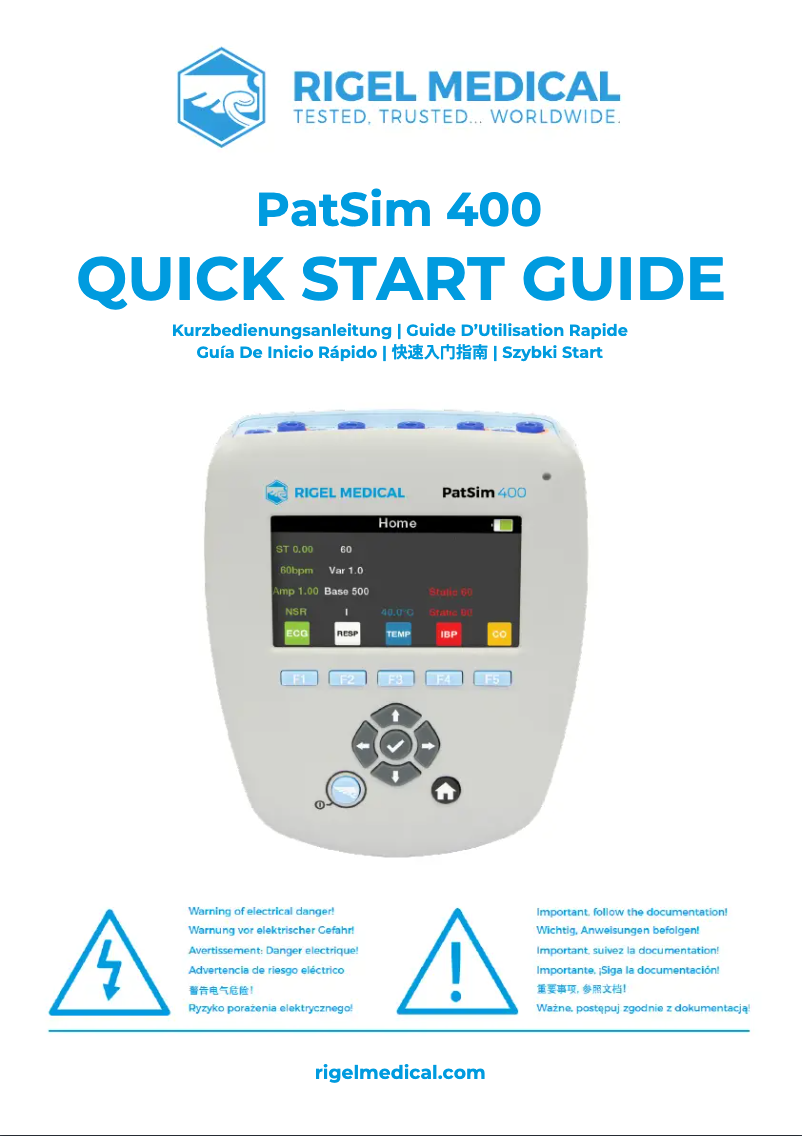 Page 1 of the manual Quick Start Guide Rigel Medical PatSim 400