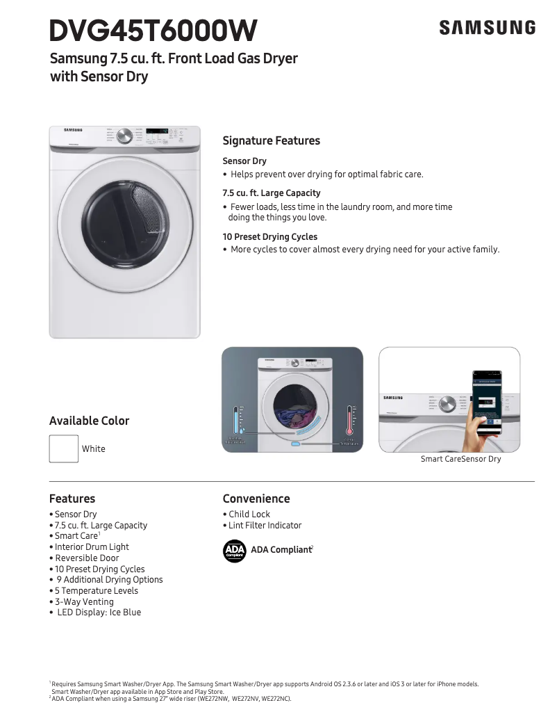 Page 1 of the manual Technical Sheet Samsung DVG45T6000W/A3