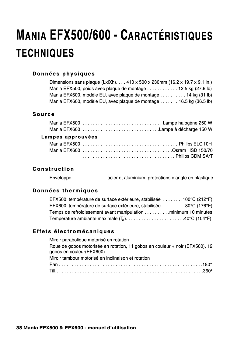 Page 1 of the manual Technical Sheet Martin Mania EFX500