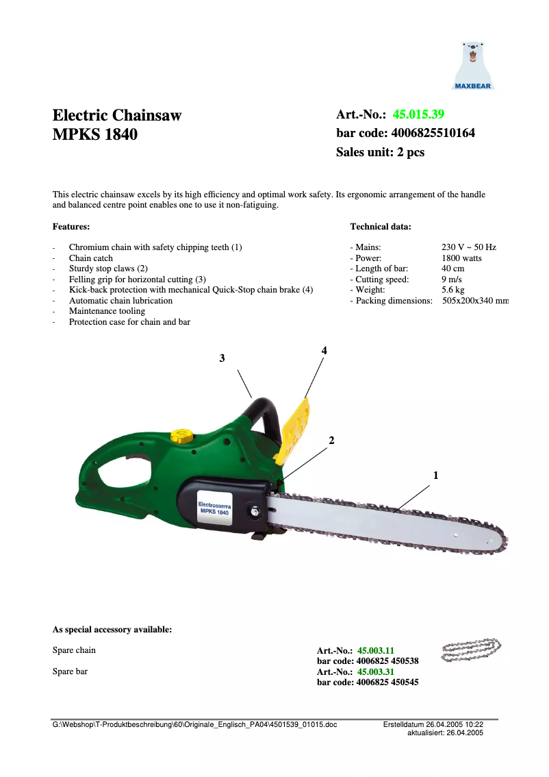 First page image of the manual for MPKS 1840