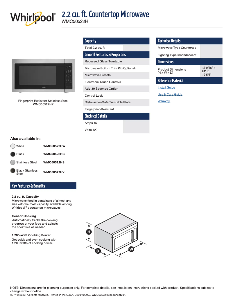 Page 1 of the manual Technical Sheet Whirlpool WMC50522HW