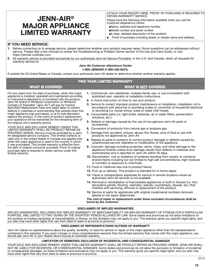 Page 1 of the manual Warranty Information JennAir JXW9036HP