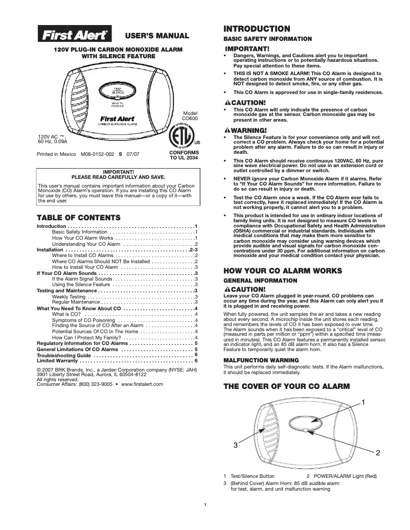 Page 1 of the manual User Manual First Alert CO600