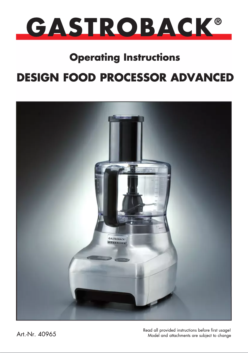 Page 1 of the manual User Manual Gastroback Design Food Processor Advanced