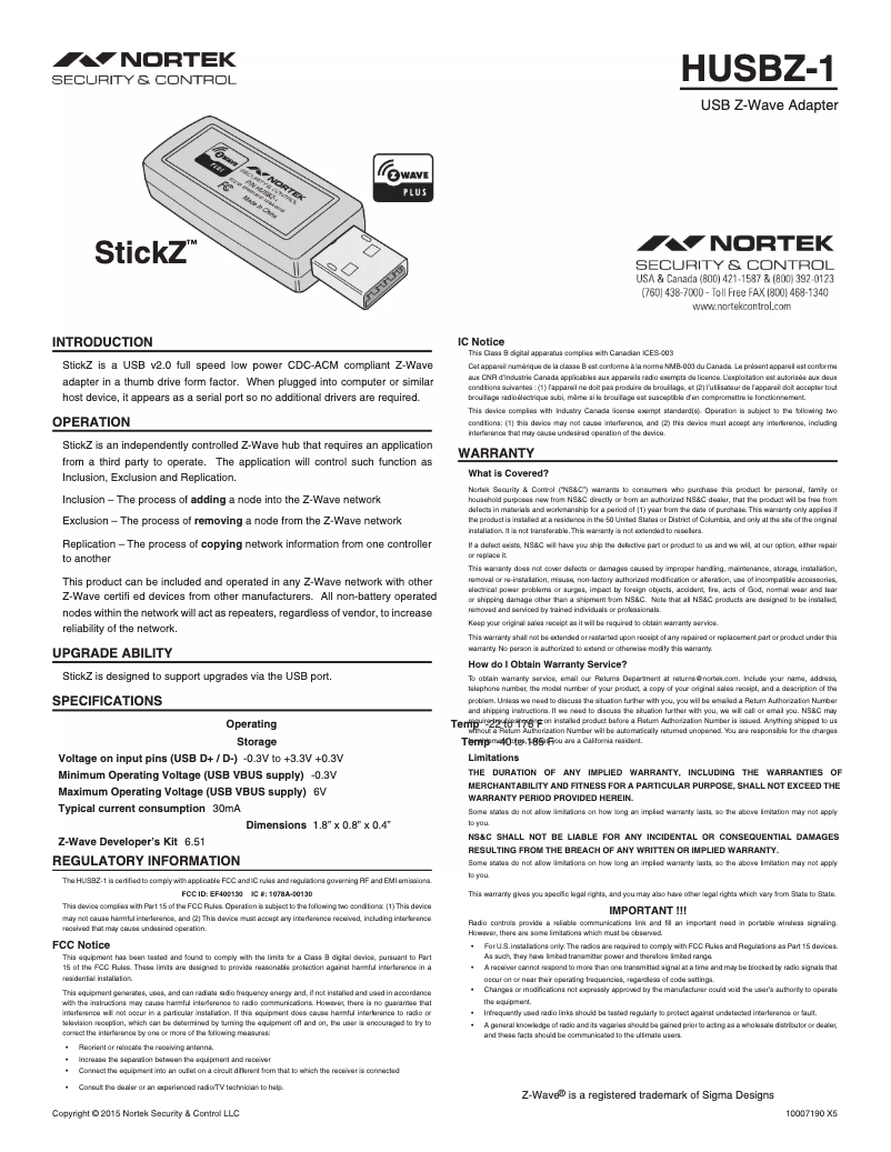 First page image of the manual for HUSBZ-1