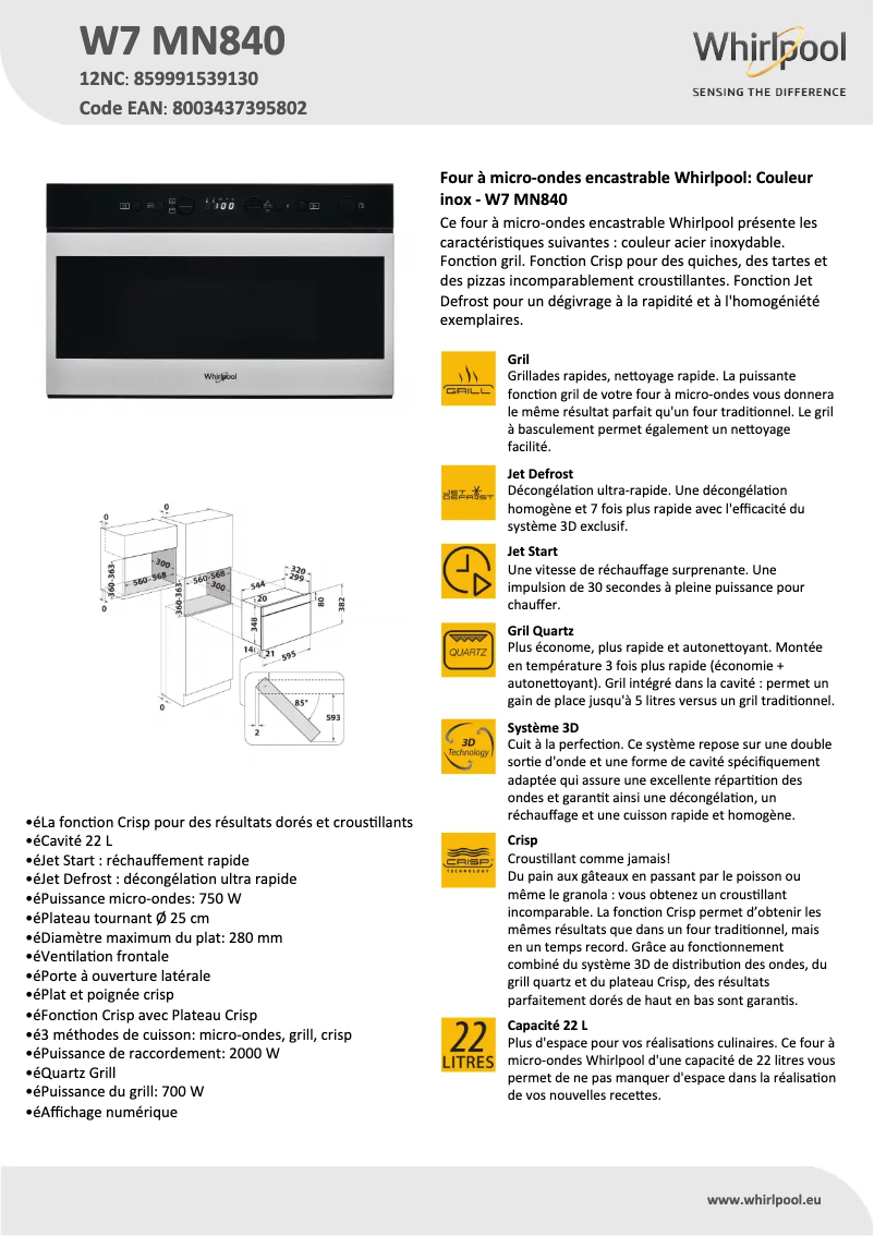 Page 1 of the manual Technical Sheet Whirlpool W7 MN840