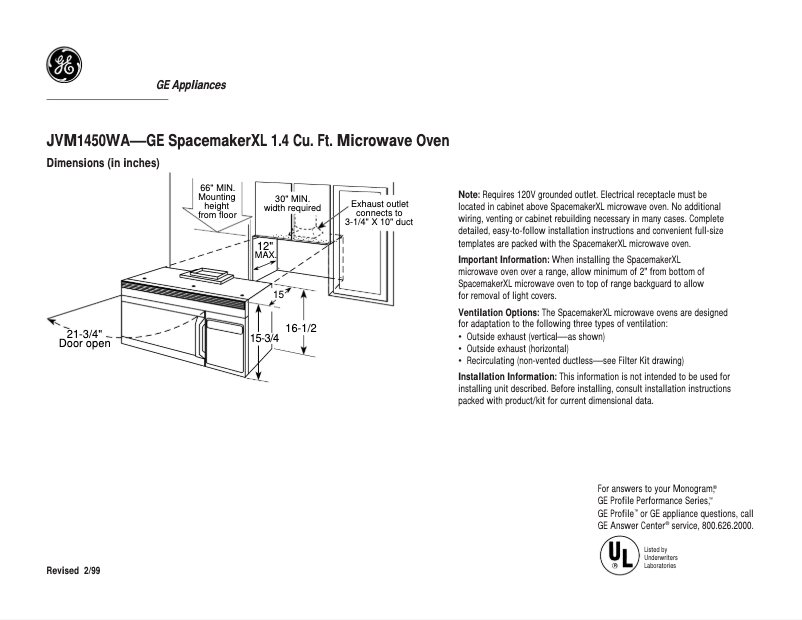 Page 1 of the manual Technical Sheet GE JVM1450WA