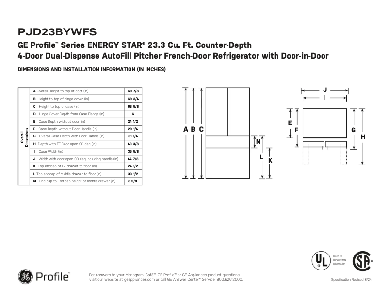 Page 1 of the manual Technical Sheet GE PJD23BYWFS