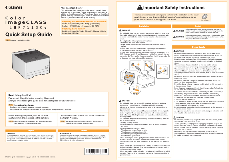 First page image of the manual for imageCLASS LBP7110CW