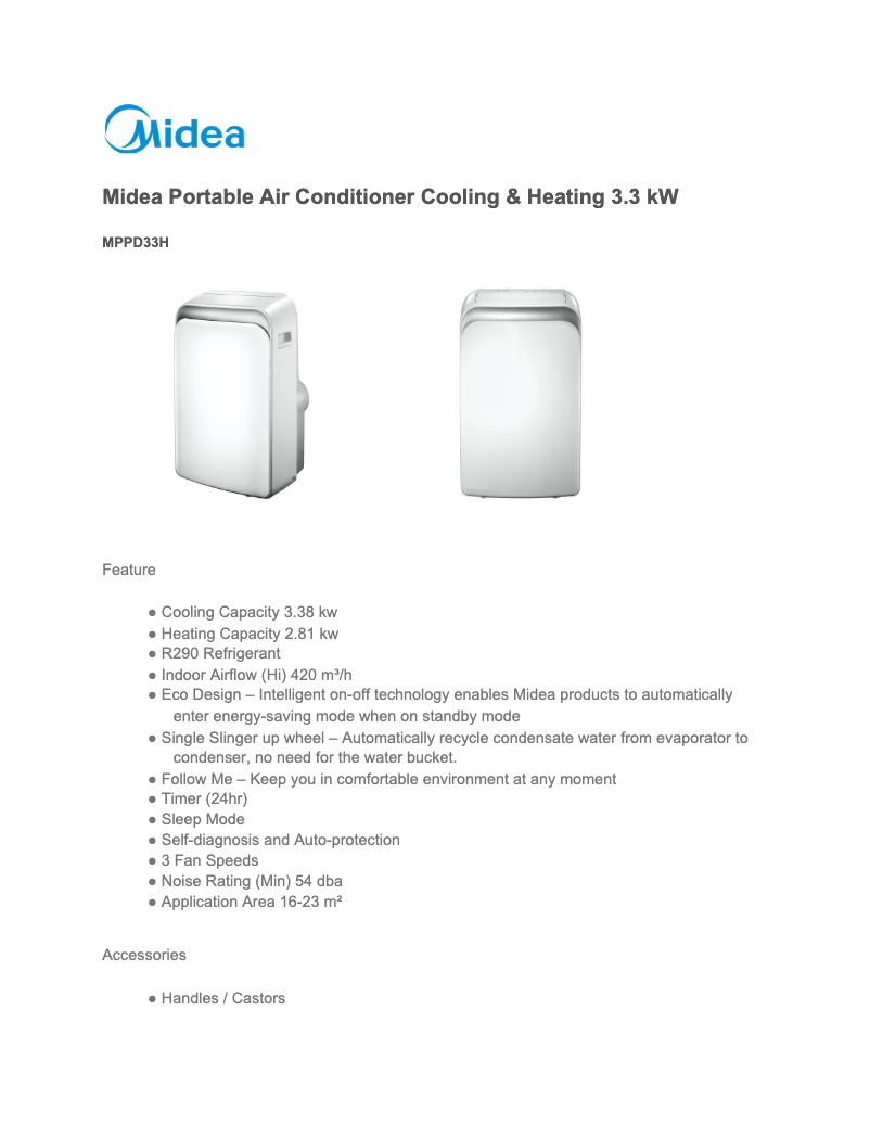 Page 1 of the manual Technical Sheet Midea MPPD33H