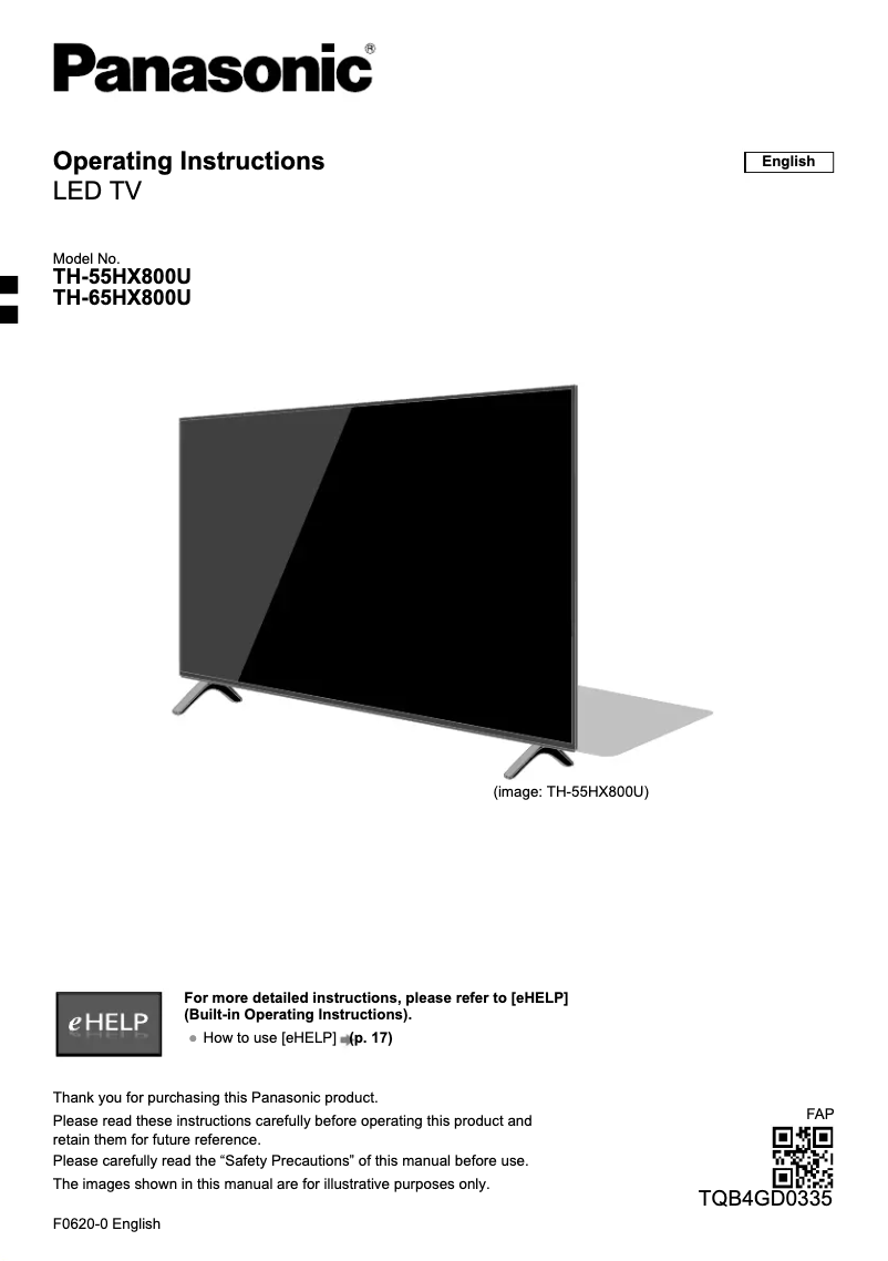 First page image of the manual for TH-65HX800U
