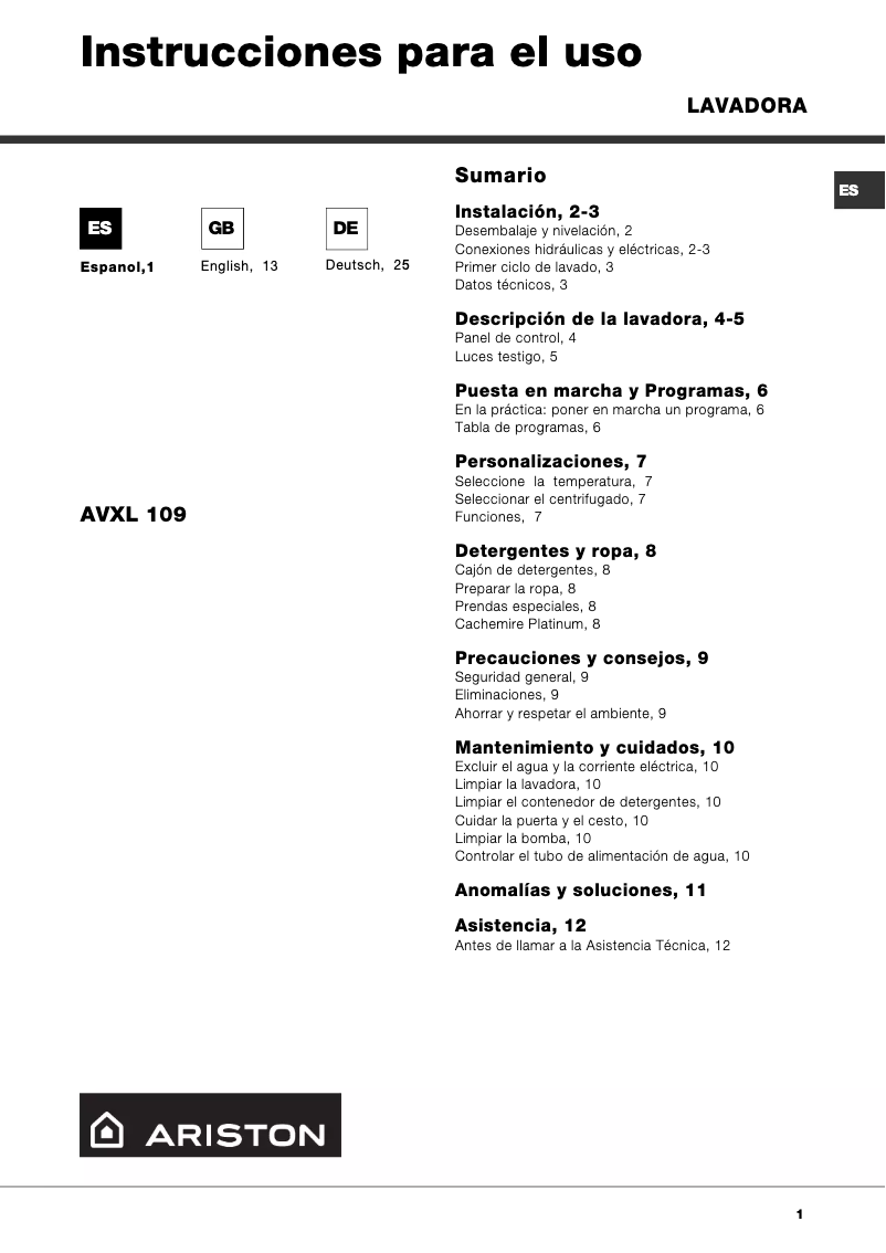 First page image of the manual for AVXL109