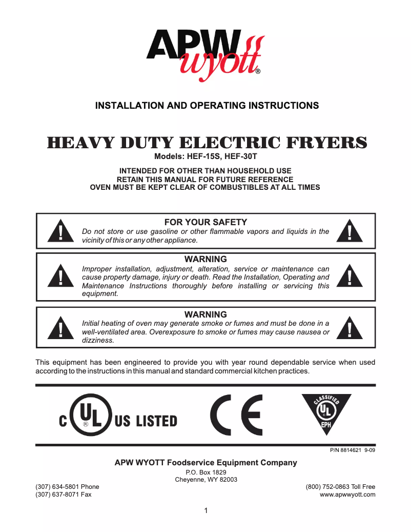 Page 1 of the manual User Manual APW Wyott HEF-30T