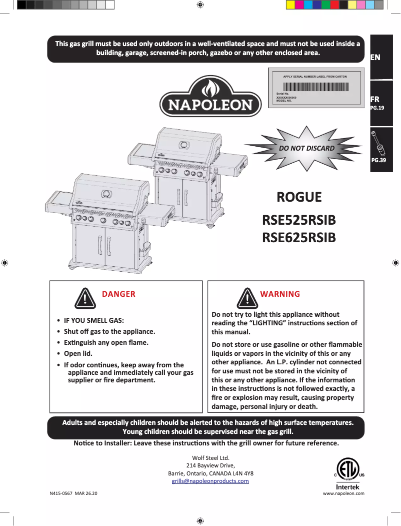 Page 1 of the manual User Manual Napoleon Rogue SE 625 RSIB