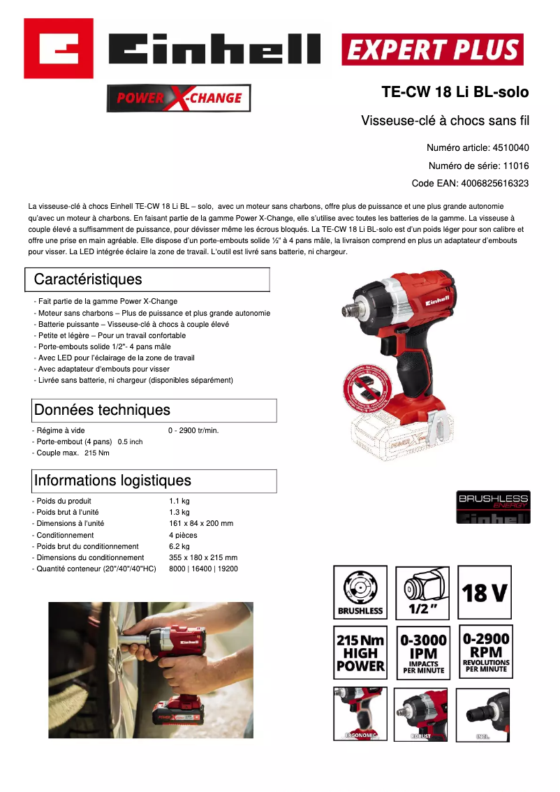 Page 1 of the manual Technical Sheet Einhell TP-CW 18 Li Brushless-Solo