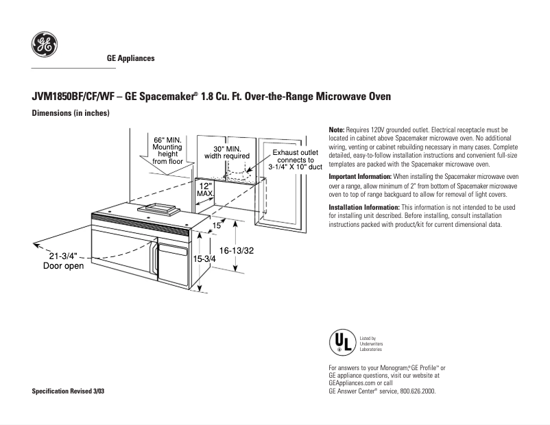 Page 1 of the manual Technical Sheet GE JVM1850WF
