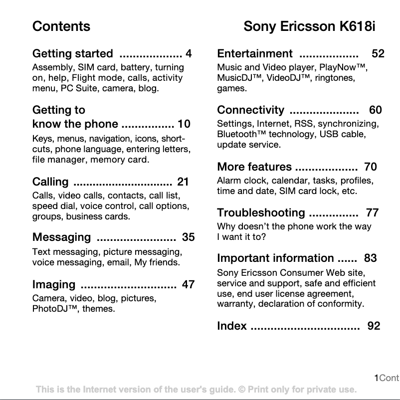Page 1 of the manual User Manual Sony Ericsson K618i