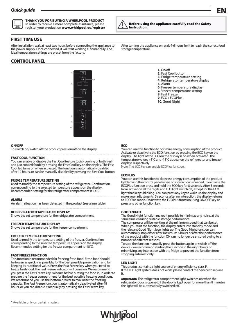 Page 1 de la notice Guide de démarrage rapide Whirlpool W7X 93T KS